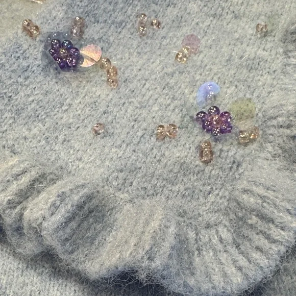 ZARA Peter Pan Beaded Collar Blue Cropped Knit Sweater Ruffle Trim Women’s Large - Picture 8 of 14